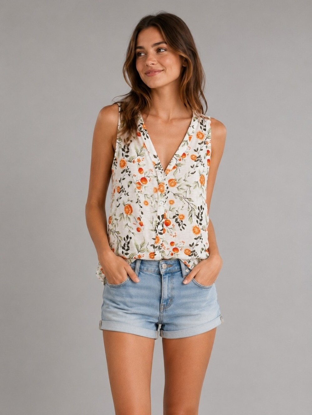 Joie Linen Floral V-Neck Sleeveless Camisole with Orange Blossoms Size M